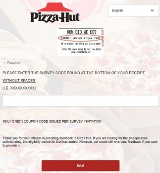 TellPizzaHut survey page